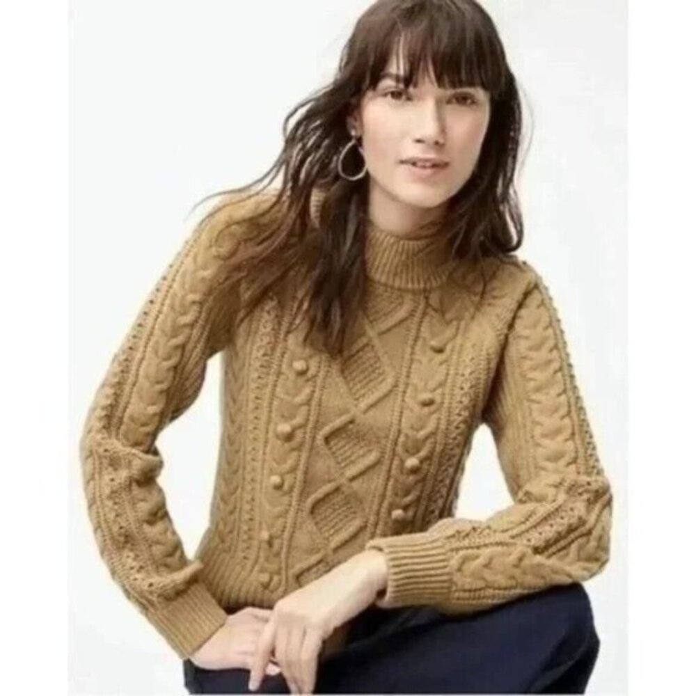 J. Crew Cable Knit Sweater S Camel Wool Azra Pullover Mock Neck Caramel